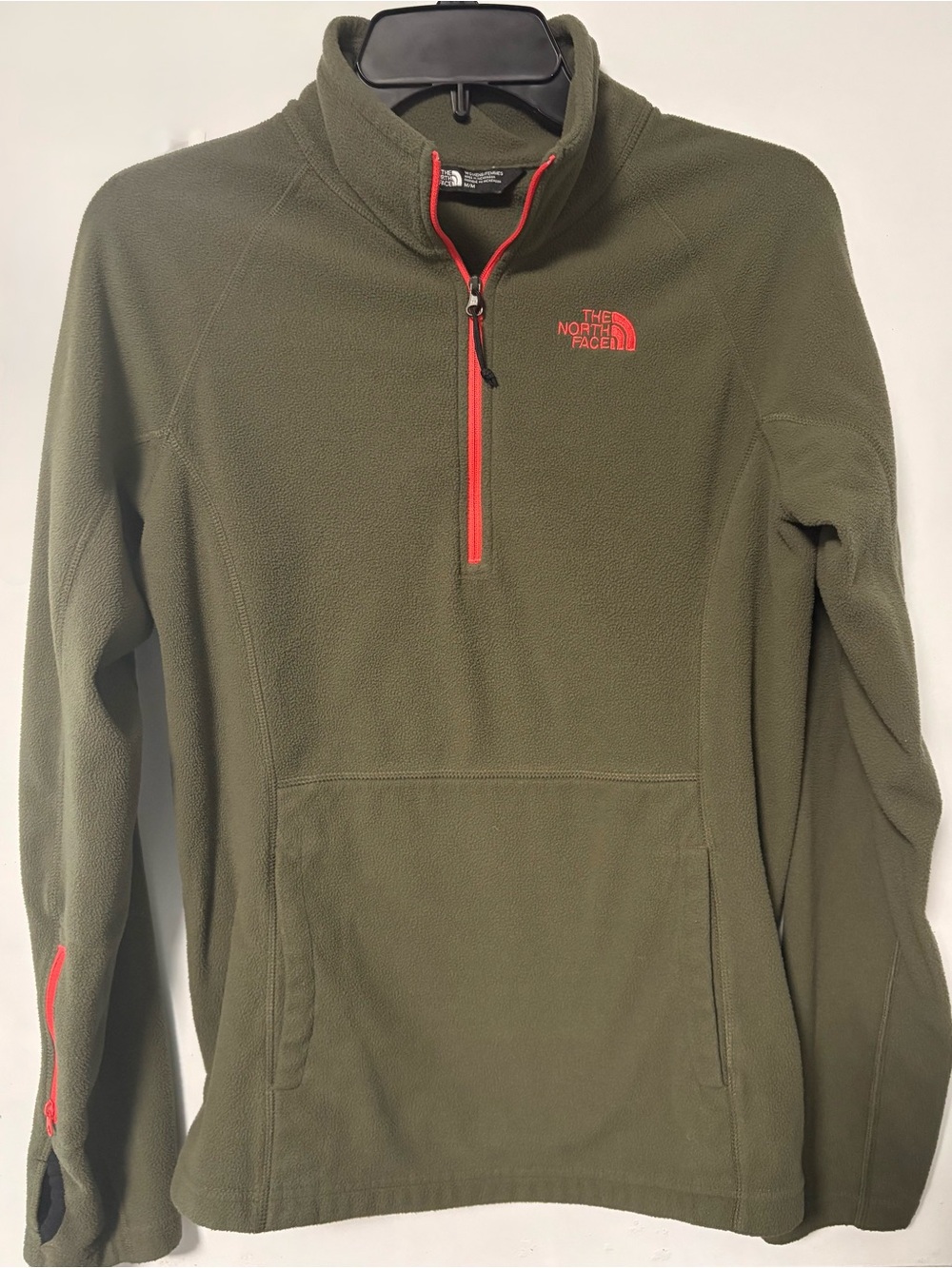 The North Face Olive Green Quarter-Zip Fleece with Coral Accents Front Pocket